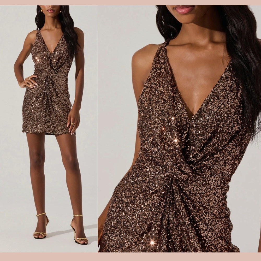 ASTR Bronze Sequin Twist-Front Mini Dress - Picture 2 of 14